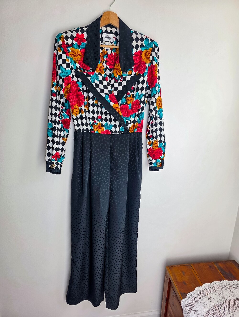 Vintage Leslie Fay 80s Harlequin Floral Jumpsuit